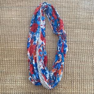 Blue and orange flower patterned infinity scarf